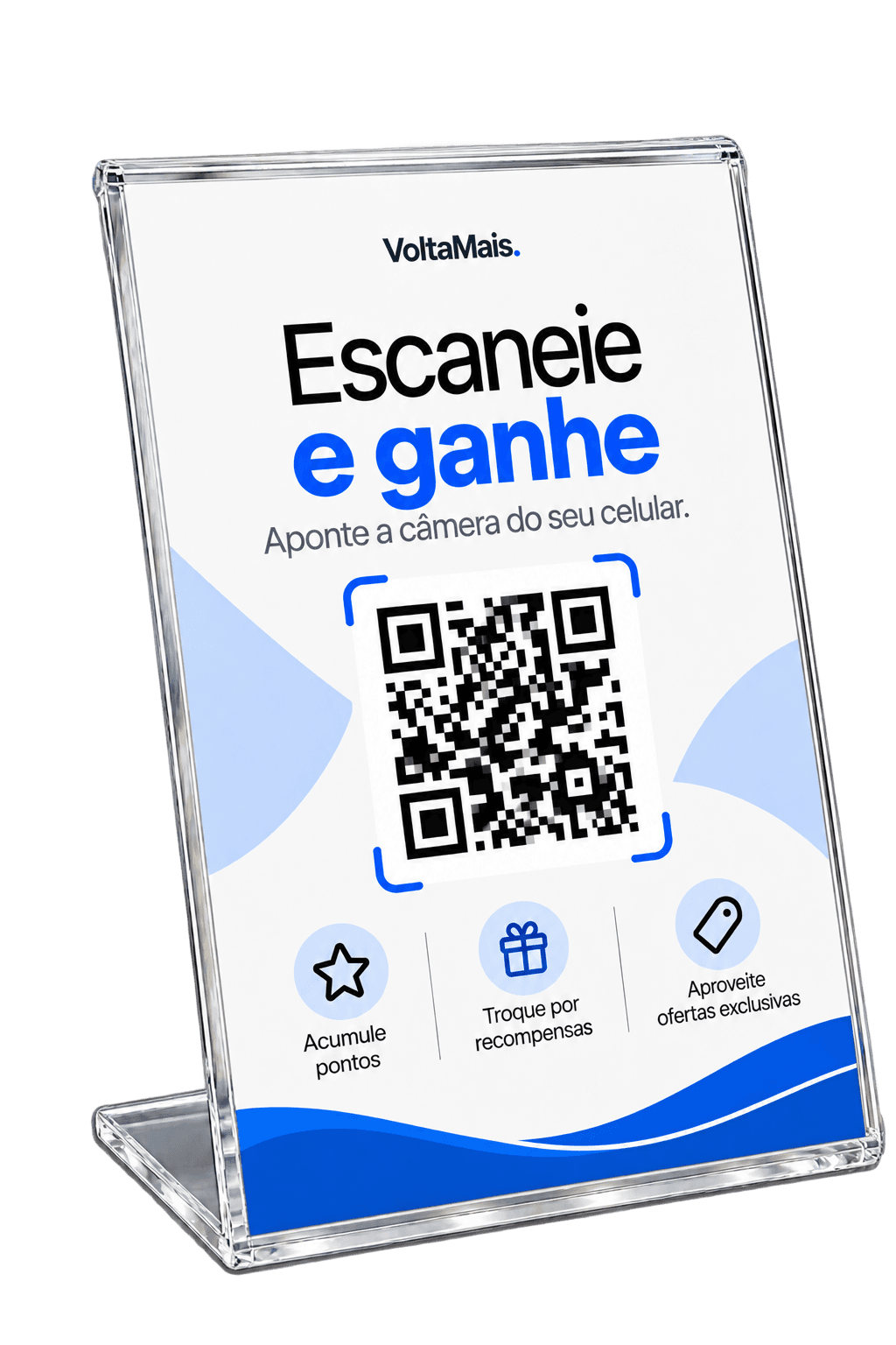 Totem de acrílico no balcão com o QR Code da loja: escaneie e ganhe pontos, troque por recompensas e aproveite ofertas